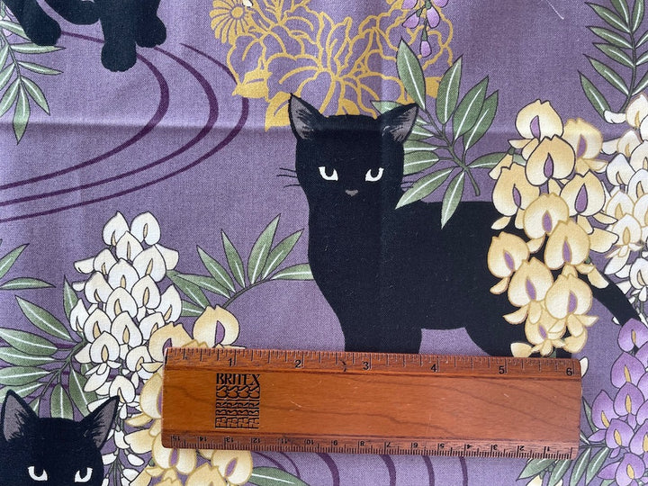 Black Cats with Hyacinths on Amethyst Cotton Sateen (Made in Japan)