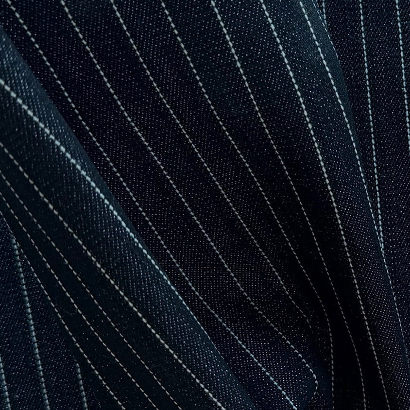 12 oz Pinstriped Silvered Onyx Stretch Cotton Blend Denim (Made in Italy)