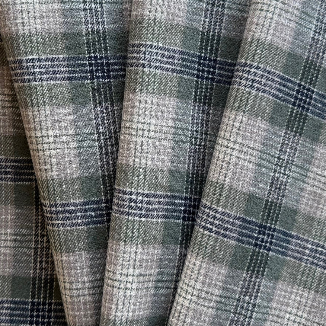 Cozy Sage Green & Mushroom Plaid Cotton Flannel Shirting