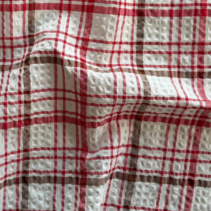 Retro Cherry, Walnut & Pale Ivory Plaid Cotton Seersucker
