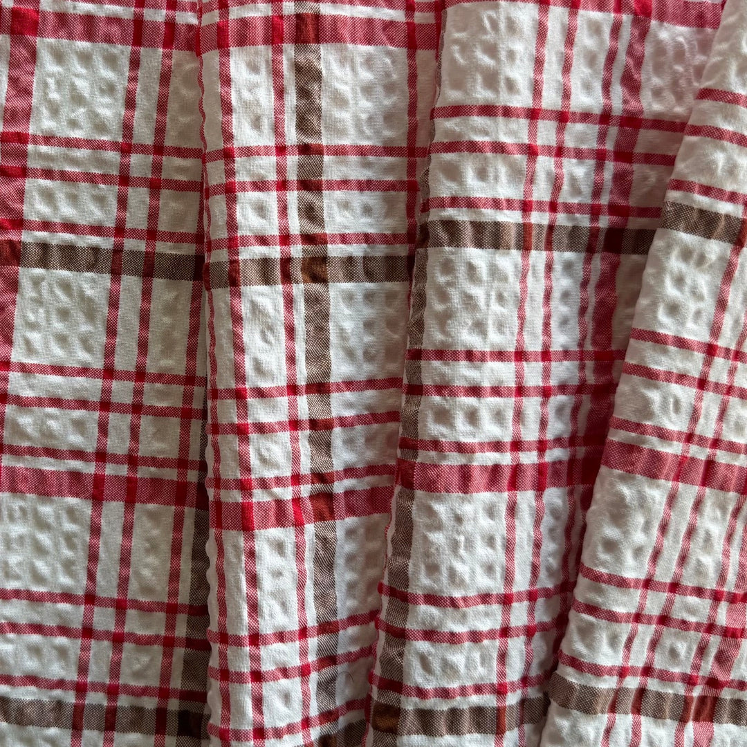 Retro Cherry, Walnut & Pale Ivory Plaid Cotton Seersucker