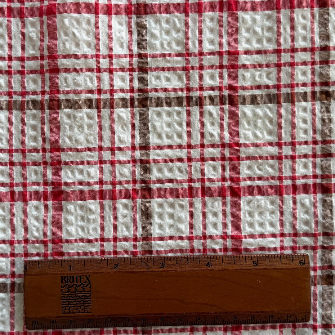 Retro Cherry, Walnut & Pale Ivory Plaid Cotton Seersucker