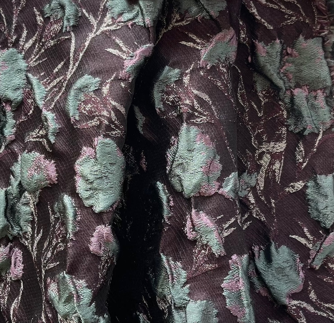 Sage & Lilac Floral Purpled Dull Black Silk Blend Brocade (Made in Italy)