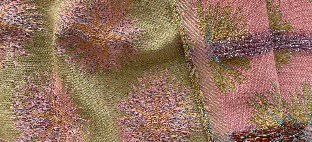 Shaggy Pink Dahlias on Antique Sage Metallic Cotton Blend Brocade