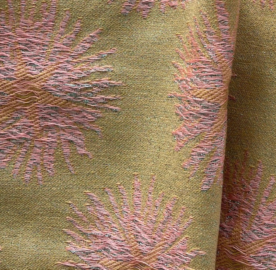 Shaggy Pink Dahlias on Antique Sage Metallic Cotton Blend Brocade
