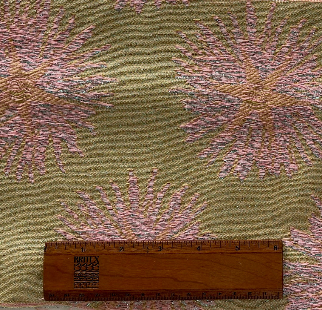 Shaggy Pink Dahlias on Antique Sage Metallic Cotton Blend Brocade
