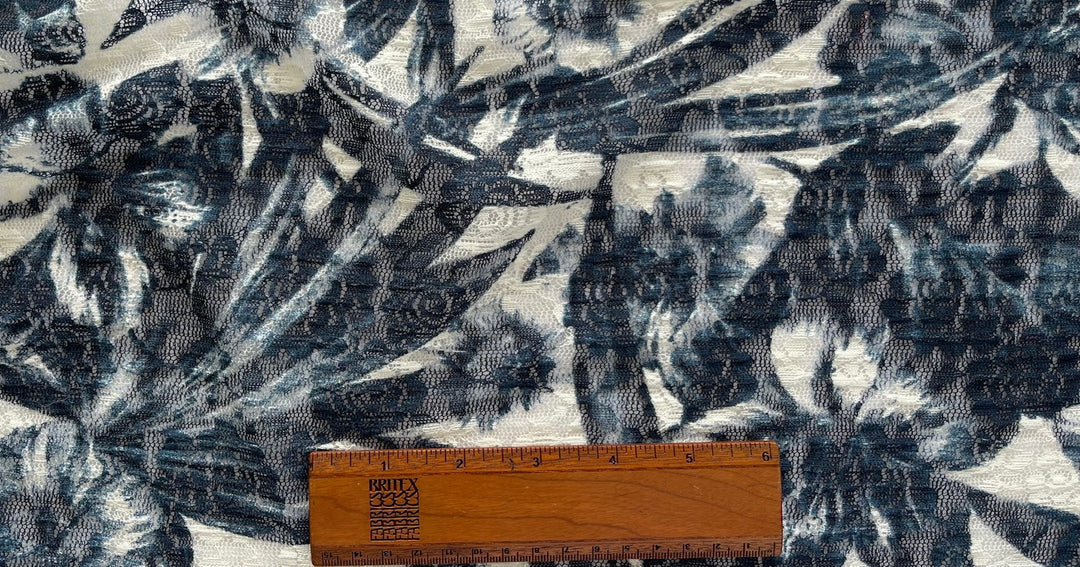 Indigo Foliage on White Stretch Polyester Lace