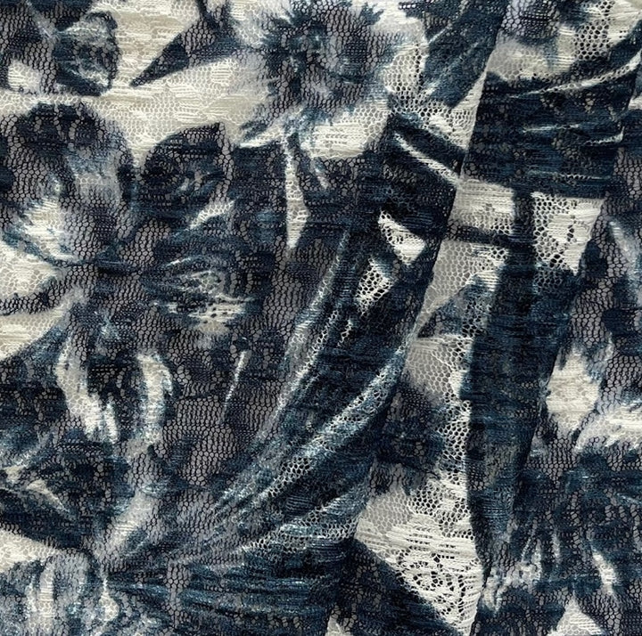 Indigo Foliage on White Stretch Polyester Lace