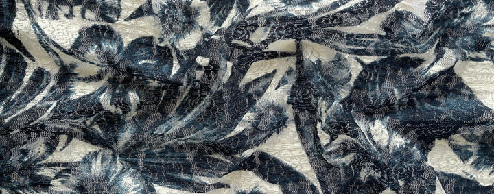Indigo Foliage on White Stretch Polyester Lace