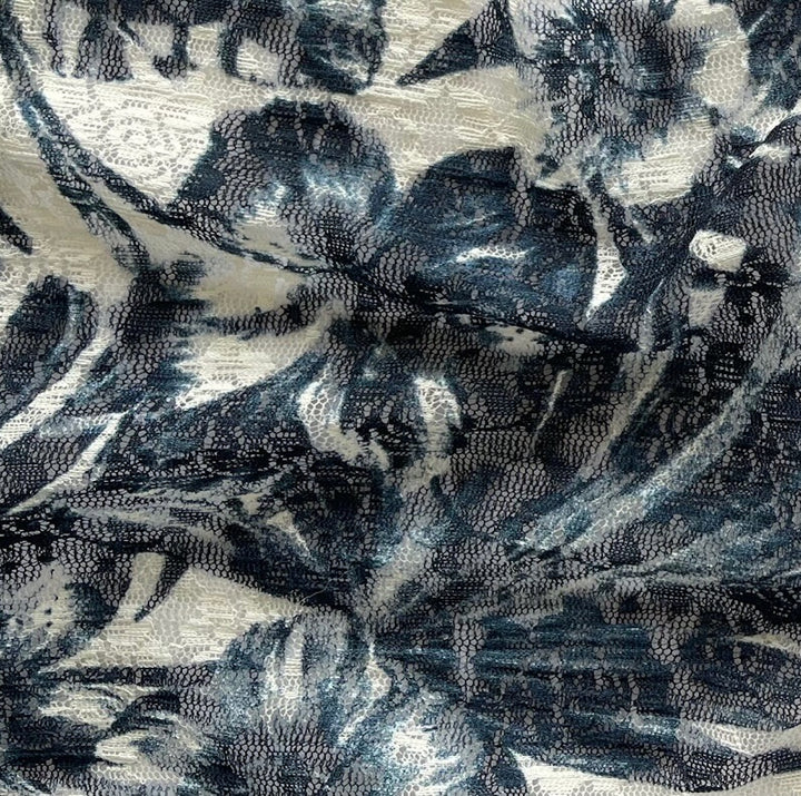 Indigo Foliage on White Stretch Polyester Lace
