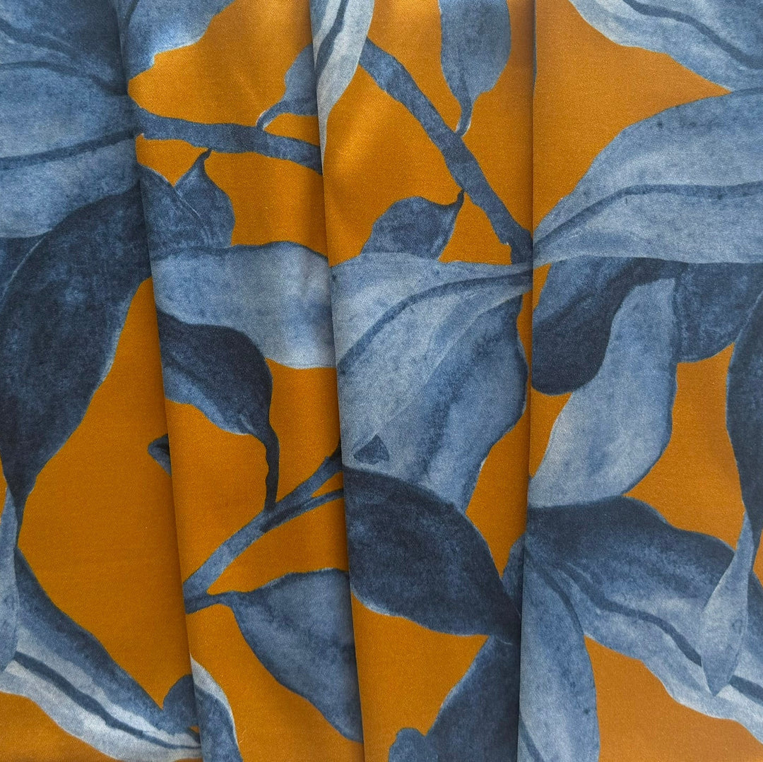 Mid-Weight Gauguin's Leaves on Marigold Stretch Delustered Polyester