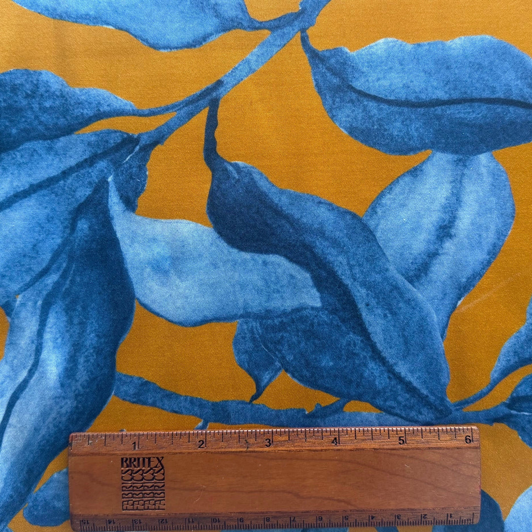 Mid-Weight Gauguin's Leaves on Marigold Stretch Delustered Polyester