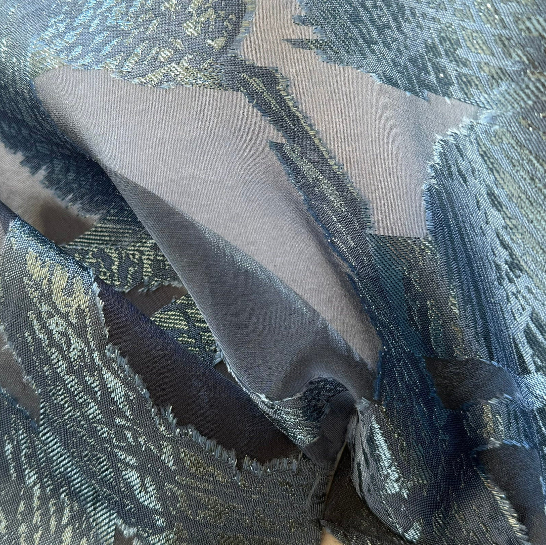 Abstract Metallic Baby Blue & Grey Polyester Blend Organza Lame (Made in Italy)