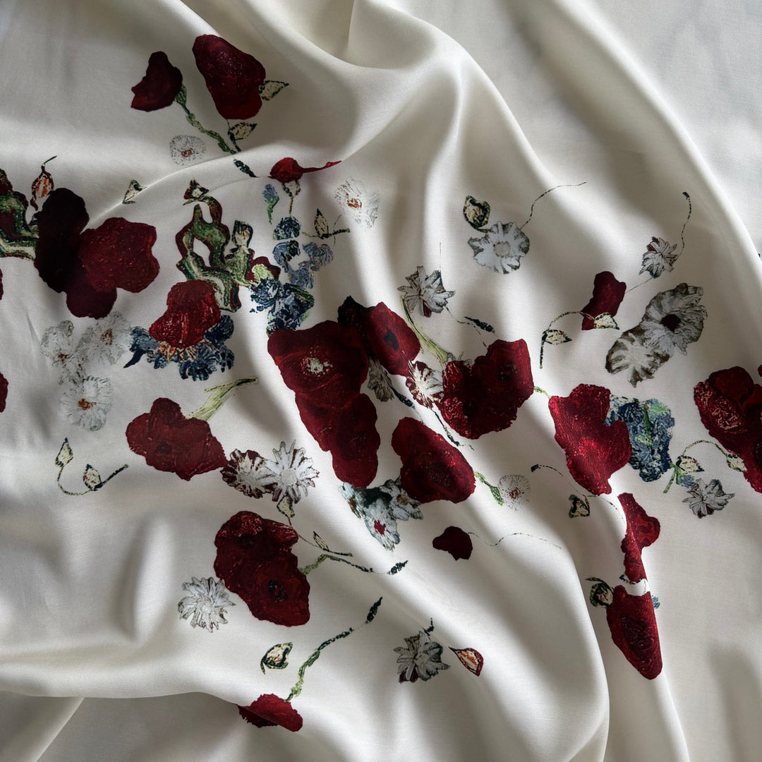 39" Panel - Khaite Tumbling Carmine Poppies on Ivory Rayon Viscose Twill