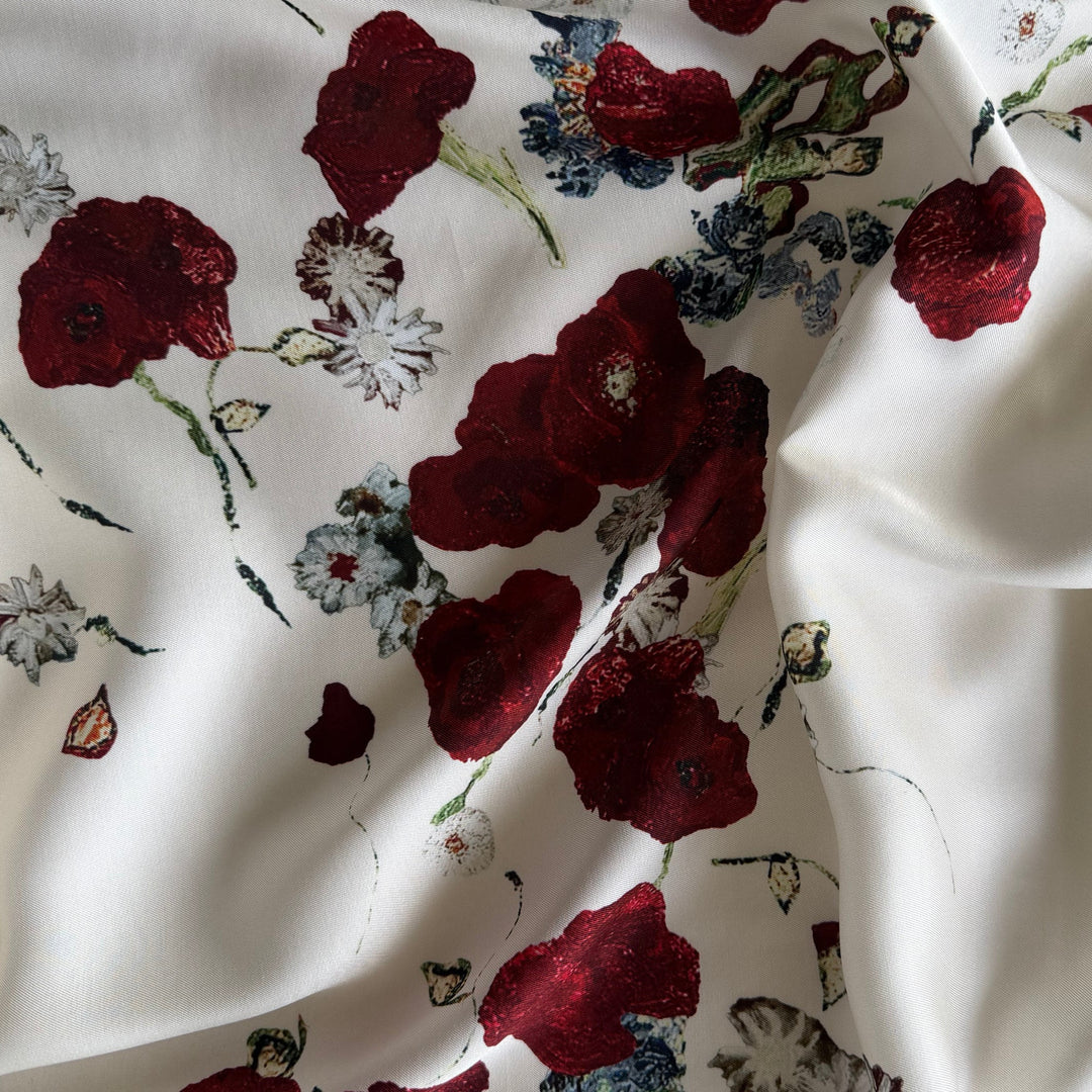 39" Panel - Khaite Tumbling Carmine Poppies on Ivory Rayon Viscose Twill