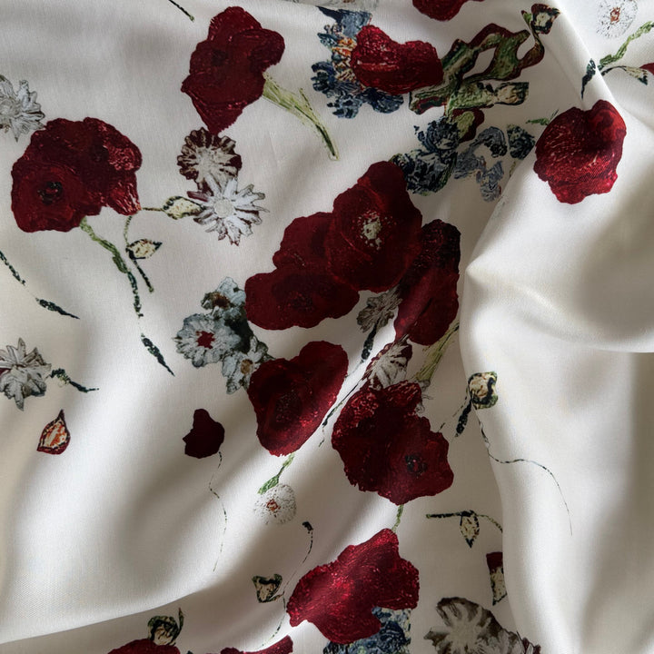 39" Panel - Khaite Tumbling Carmine Poppies on Ivory Rayon Viscose Twill