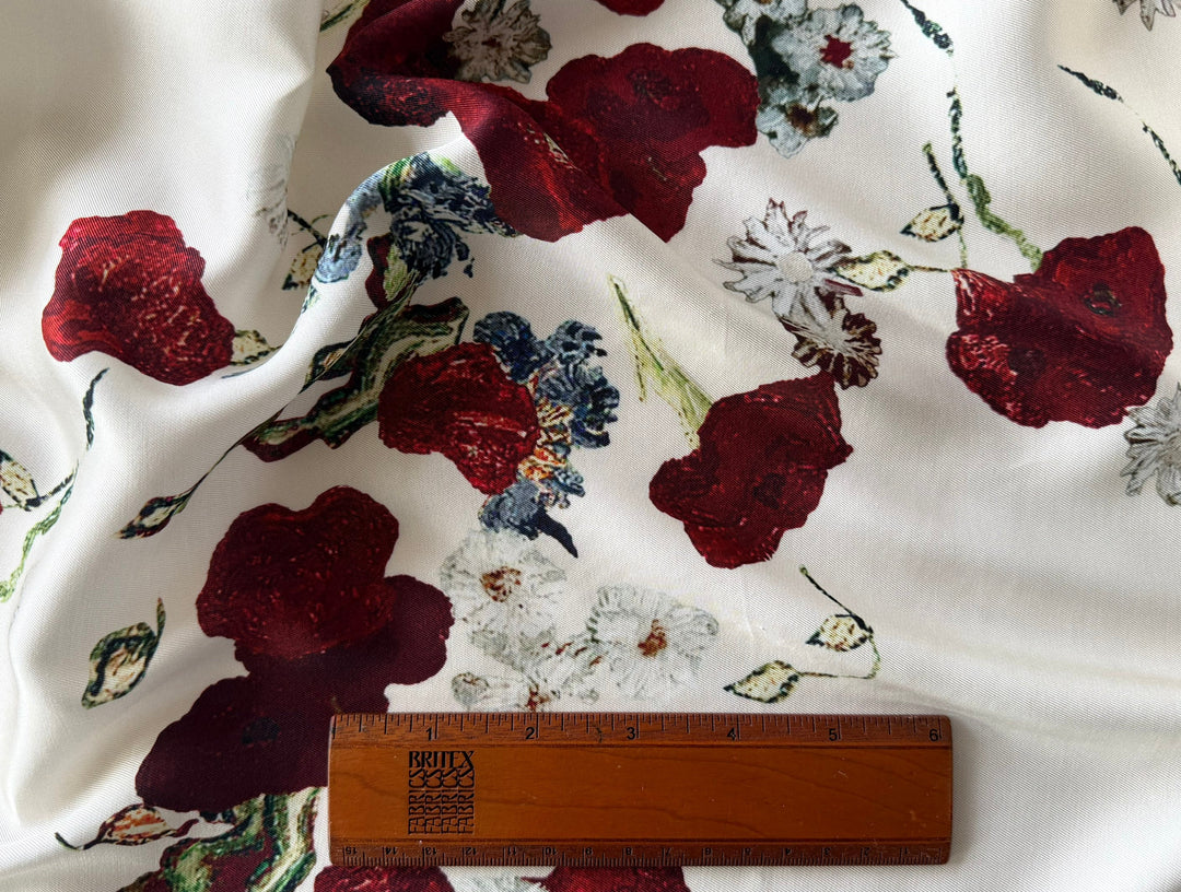 39" Panel - Khaite Tumbling Carmine Poppies on Ivory Rayon Viscose Twill