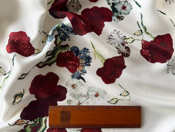 39" Panel - Khaite Tumbling Carmine Poppies on Ivory Rayon Viscose Twill