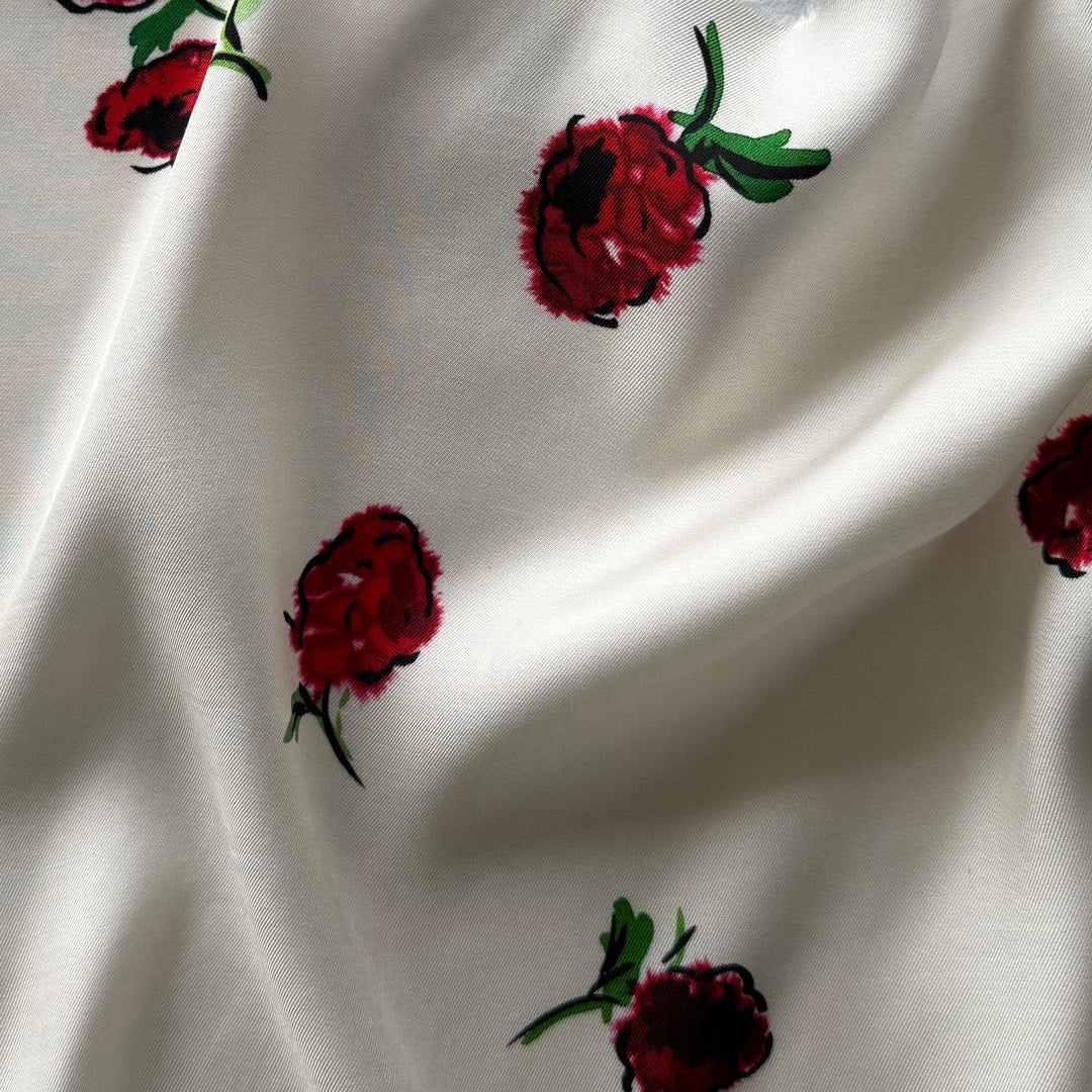 Khaite Tumbling Carmine Flowers on Ivory Rayon Viscose Challis (Made in Italy)