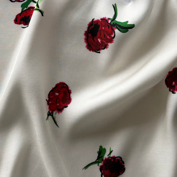 Khaite Tumbling Carmine Flowers on Ivory Rayon Viscose Challis (Made in Italy)