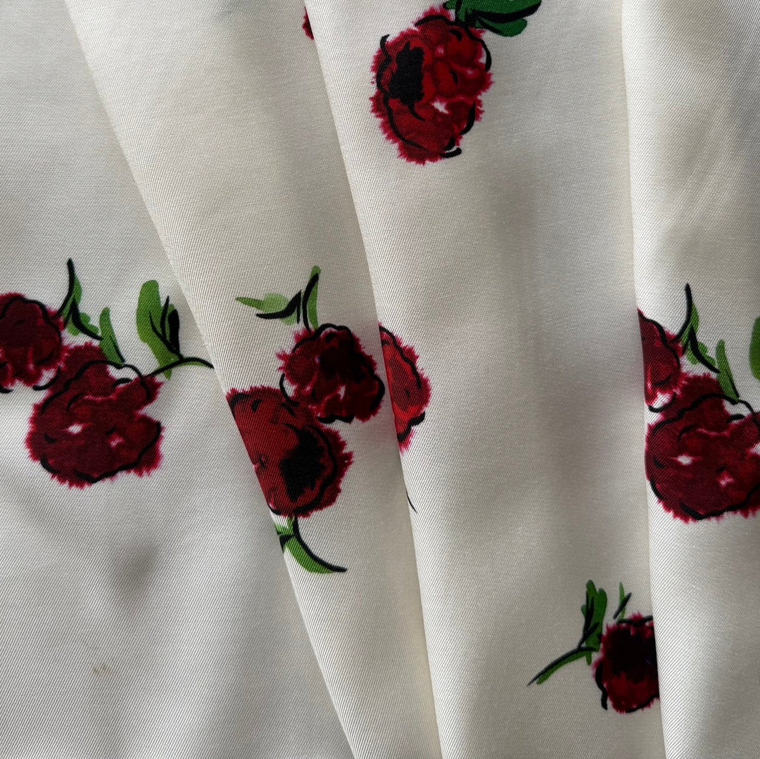 Khaite Tumbling Carmine Flowers on Ivory Rayon Viscose Challis (Made in Italy)