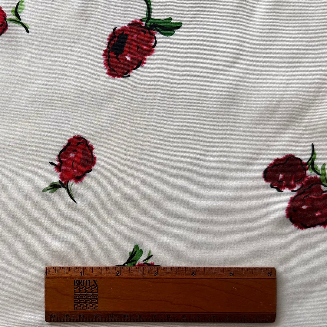 Khaite Tumbling Carmine Flowers on Ivory Rayon Viscose Challis (Made in Italy)