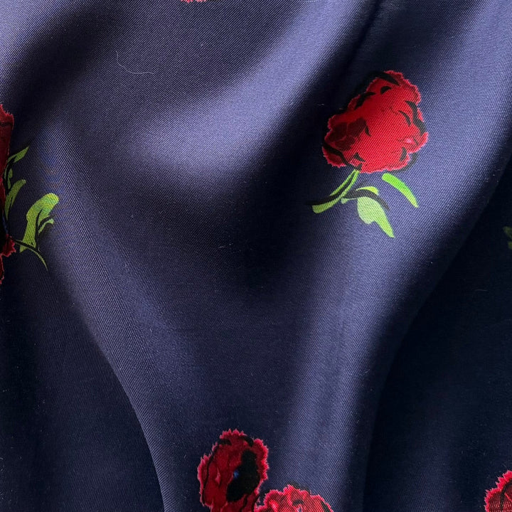 Khaite Tumbling Carmine Flowers on Navy Rayon Viscose Challis (Made in Italy)