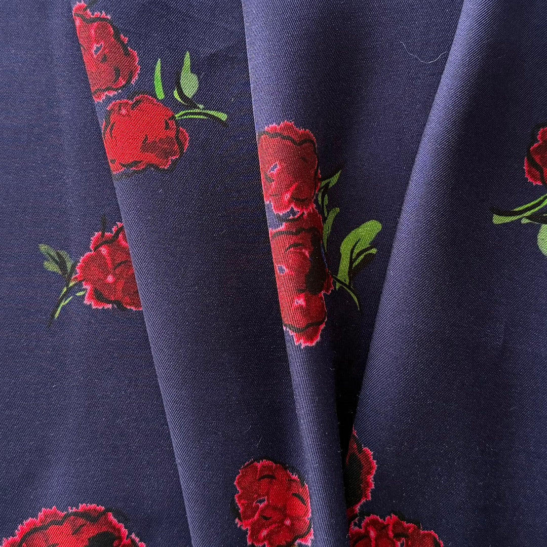 Khaite Tumbling Carmine Flowers on Navy Rayon Viscose Challis (Made in Italy)