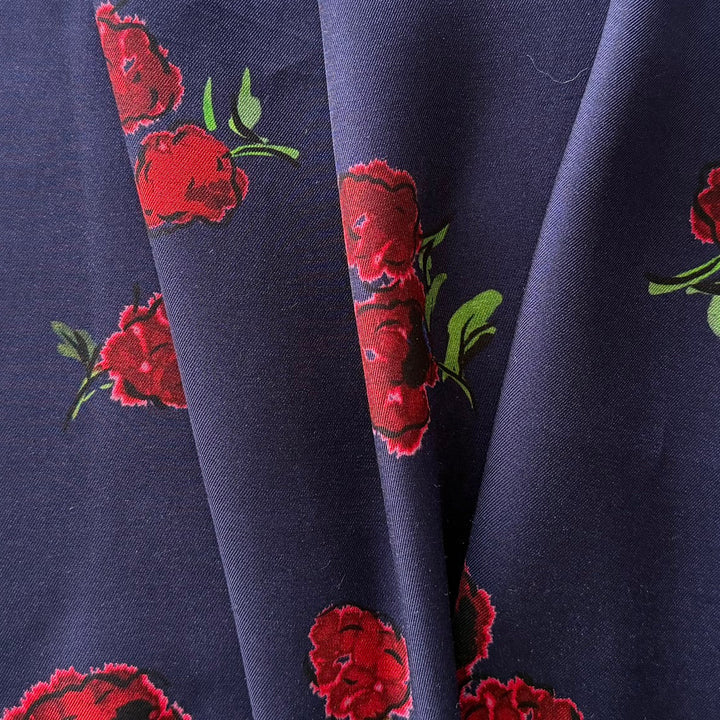 Khaite Tumbling Carmine Flowers on Navy Rayon Viscose Challis (Made in Italy)