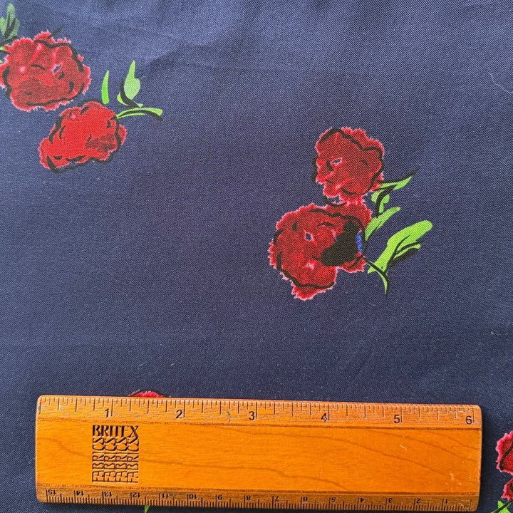 Khaite Tumbling Carmine Flowers on Navy Rayon Viscose Challis (Made in Italy)