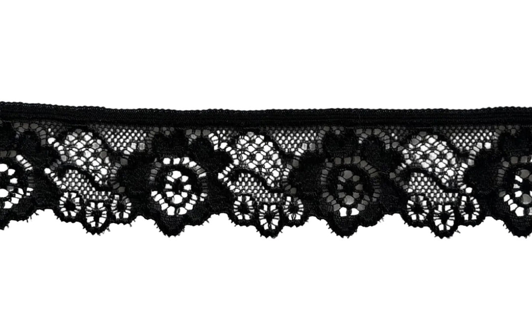 1" Black Floral Stretch Chantilly Style Edging Lace