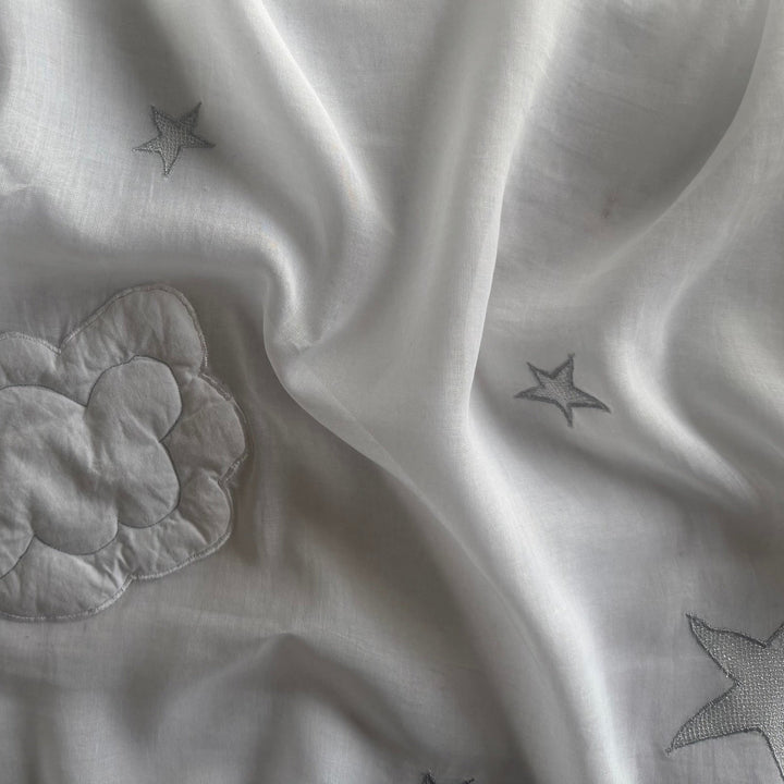 Semi-Sheer Puffy Clouds & Embroidered  Silver Stars Cotton Lawn
