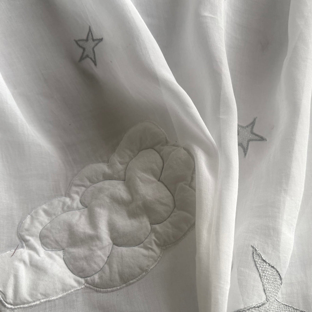 Semi-Sheer Puffy Clouds & Embroidered  Silver Stars Cotton Lawn