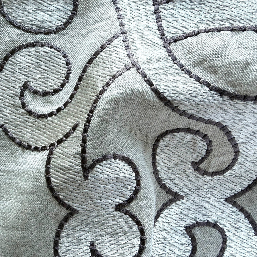Mid-Weight Taupe Embroidered Arabesque Swirls on Flaxen Linen