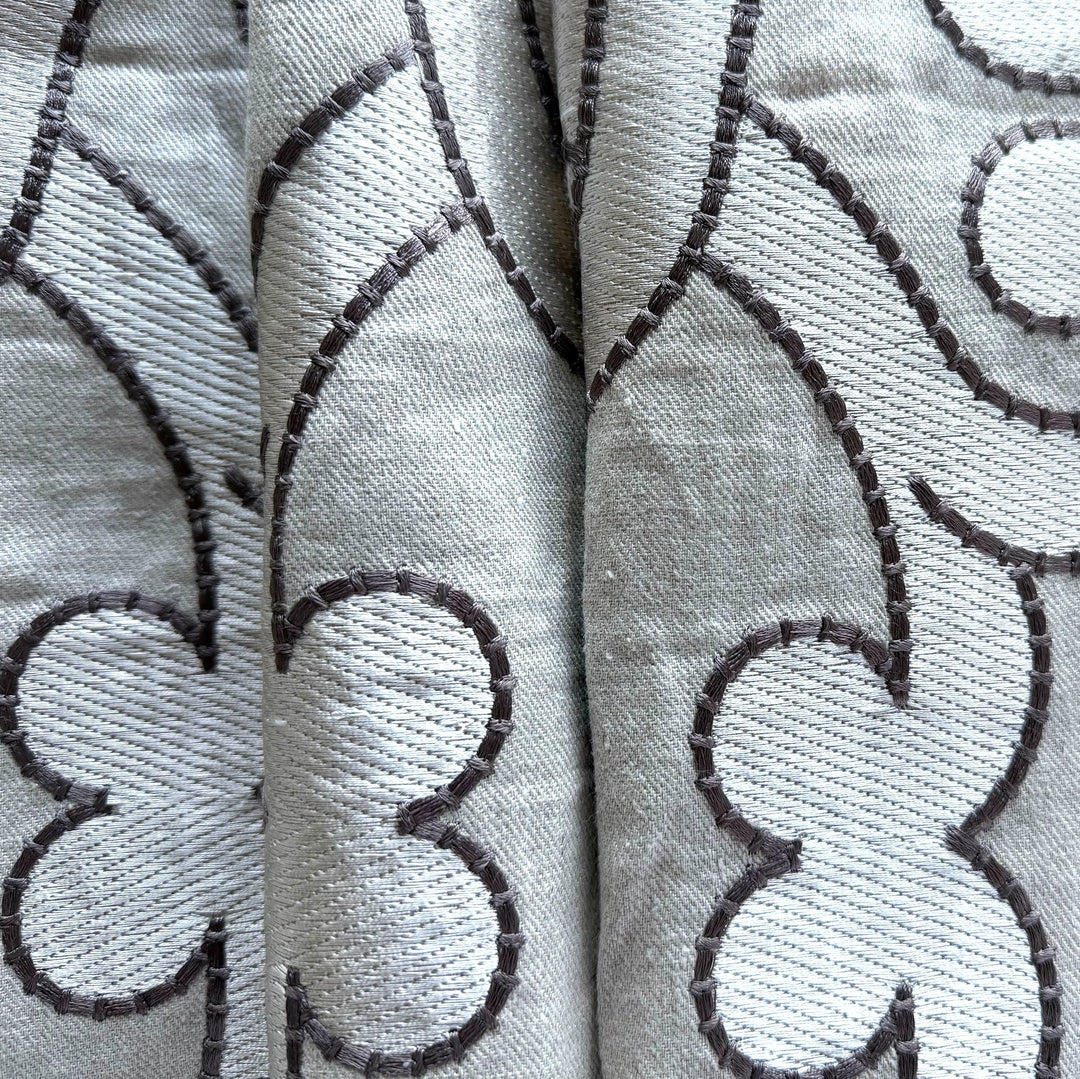 Mid-Weight Taupe Embroidered Arabesque Swirls on Flaxen Linen
