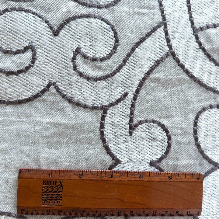 Mid-Weight Taupe Embroidered Arabesque Swirls on Flaxen Linen
