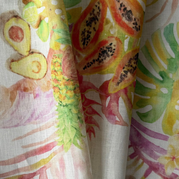 Lighter-Weight Tropical Fruit on White Handkerchief Linen (Made in Poland)