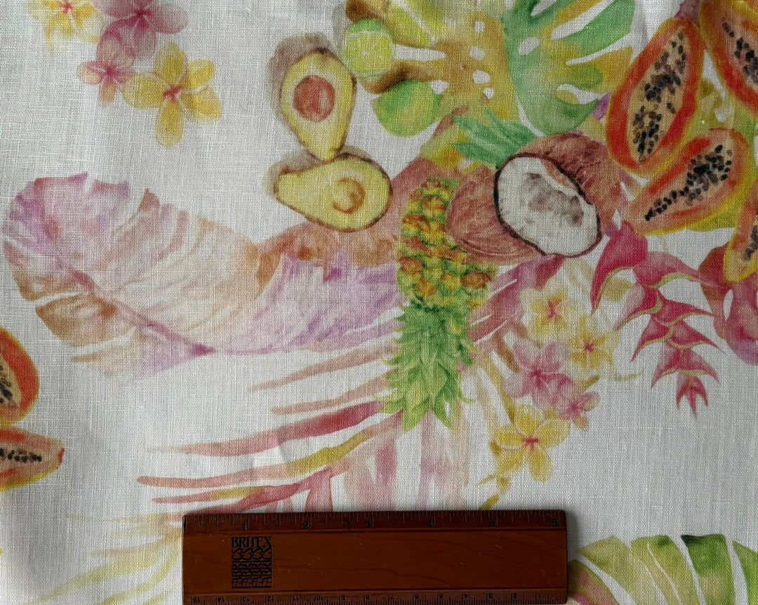 Lighter-Weight Tropical Fruit on White Handkerchief Linen (Made in Poland)