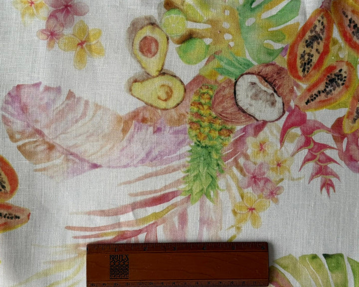 Lighter-Weight Tropical Fruit on White Handkerchief Linen (Made in Poland)