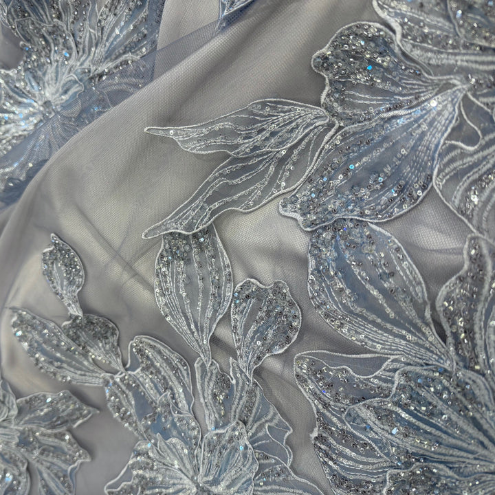 Sequined, Beaded & Embroidered Ice Blue Tulle Furled Flowers Tulle (Made in Korea)