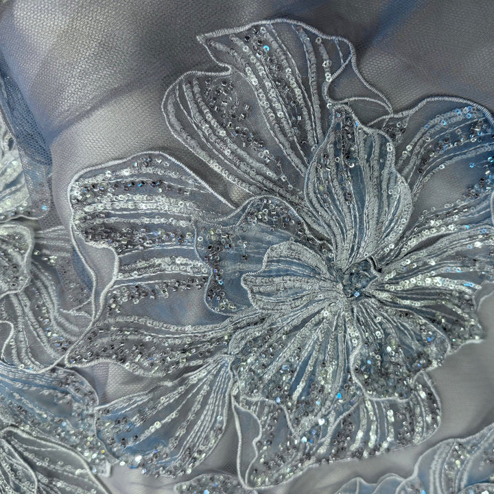 Sequined, Beaded & Embroidered Ice Blue Tulle Furled Flowers Tulle (Made in Korea)