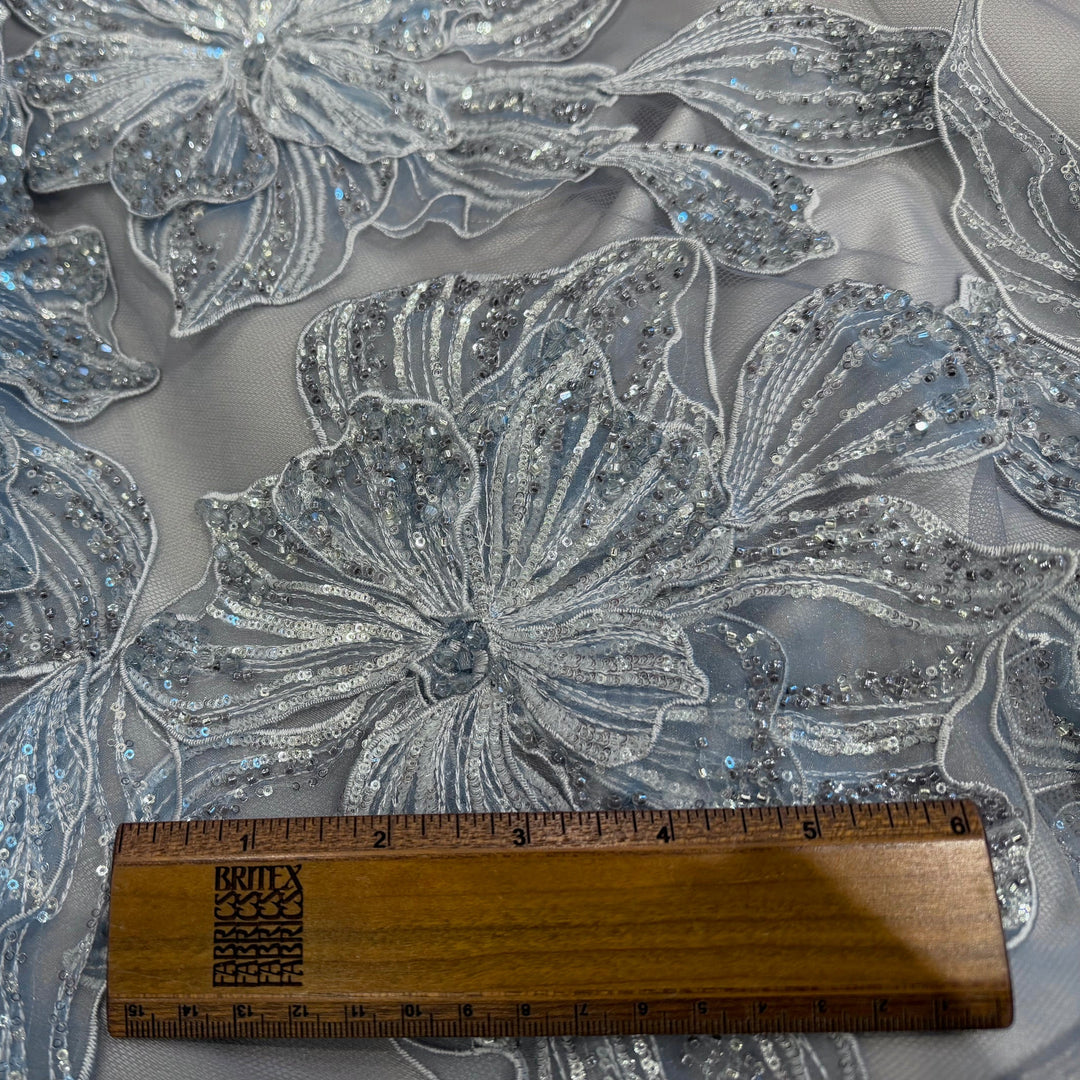 Sequined, Beaded & Embroidered Ice Blue Tulle Furled Flowers Tulle (Made in Korea)