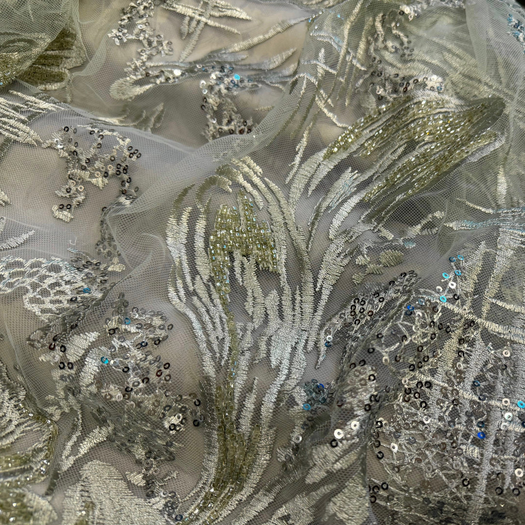 Sequined, Beaded & Embroidered Jade Green Mirage Tulle (Made in Korea)