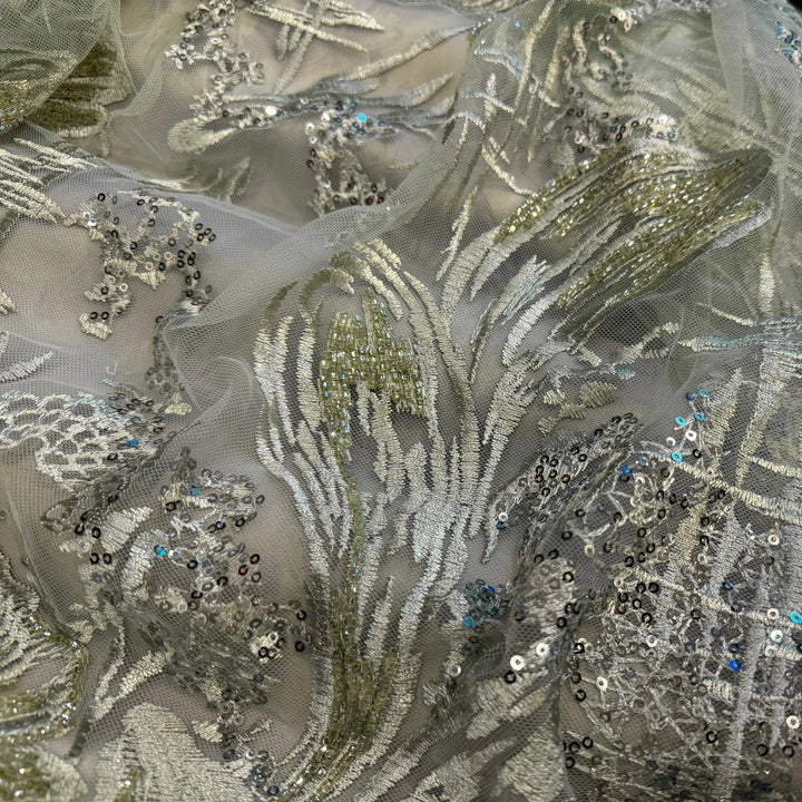 Sequined, Beaded & Embroidered Jade Green Mirage Tulle (Made in Korea)