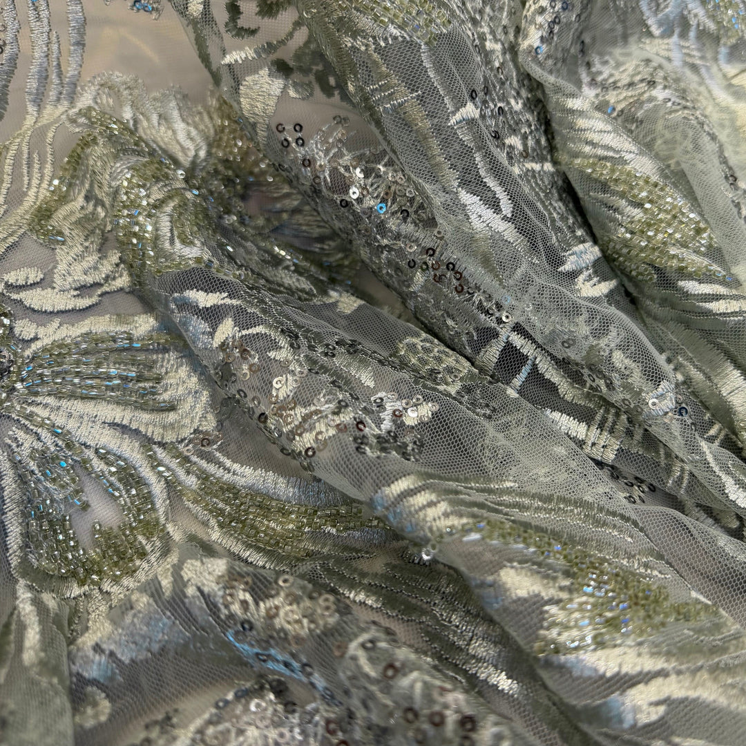 Sequined, Beaded & Embroidered Jade Green Mirage Tulle (Made in Korea)