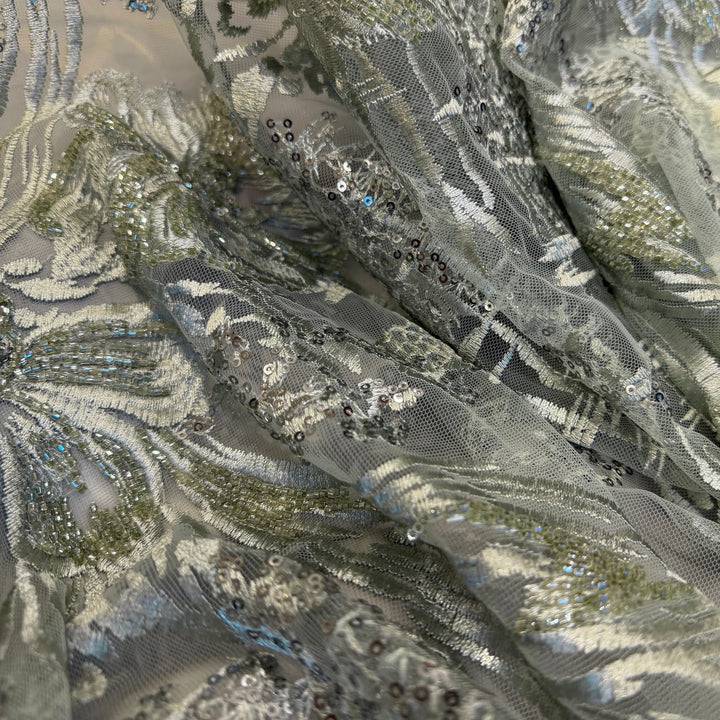 Sequined, Beaded & Embroidered Jade Green Mirage Tulle (Made in Korea)