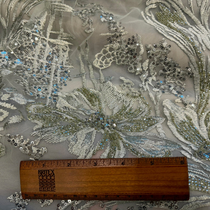 Sequined, Beaded & Embroidered Jade Green Mirage Tulle (Made in Korea)