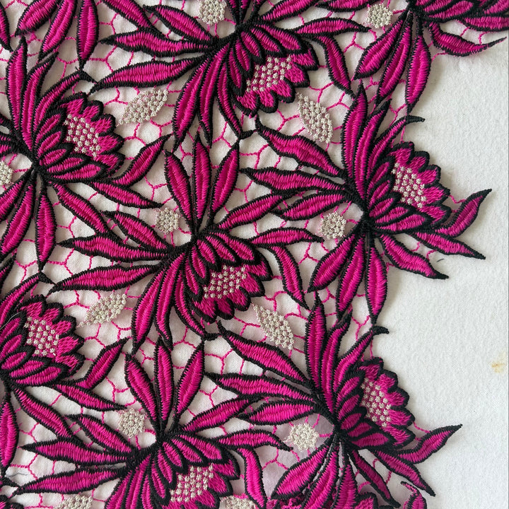 Scalloped Magenta & Silver Protea Guipure Lace Fabric (Made in Korea)