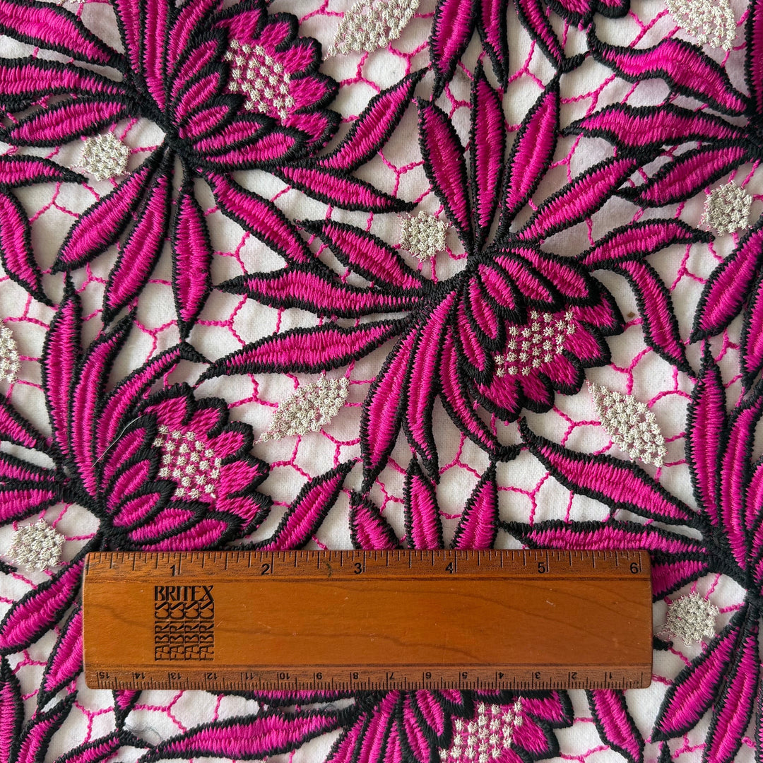 Scalloped Magenta & Silver Protea Guipure Lace Fabric (Made in Korea)