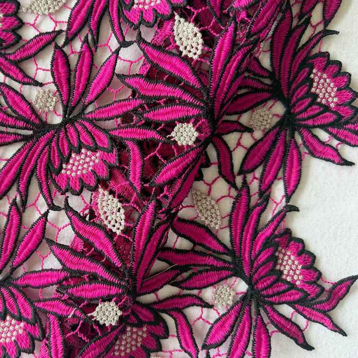 Scalloped Magenta & Silver Protea Guipure Lace Fabric (Made in Korea)